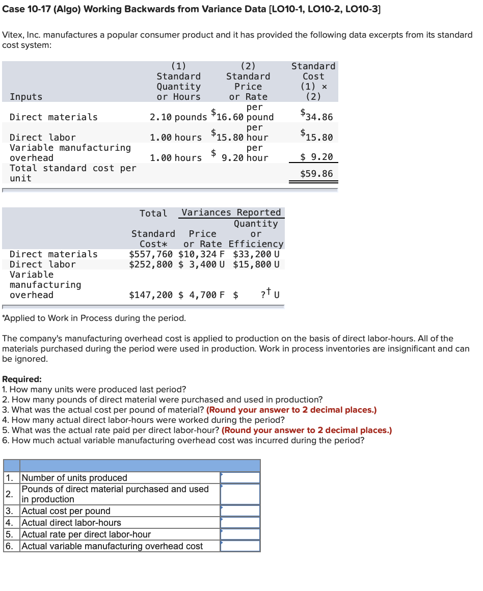  Case 10-17 (Algo) Working Backwards from Variance Data (LO10-1, LO10-2, LO10-3]