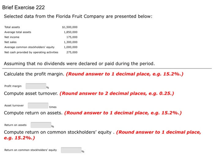  Brief Exercise 222 Selected data from the Florida Fruit Company are