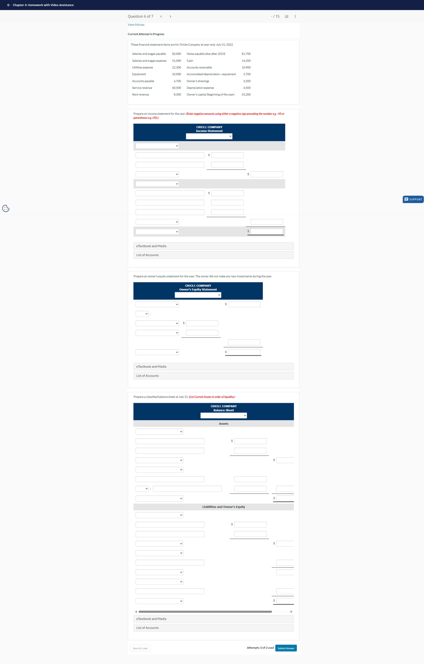  Prepare an owner's equity statement for the year. The owner did