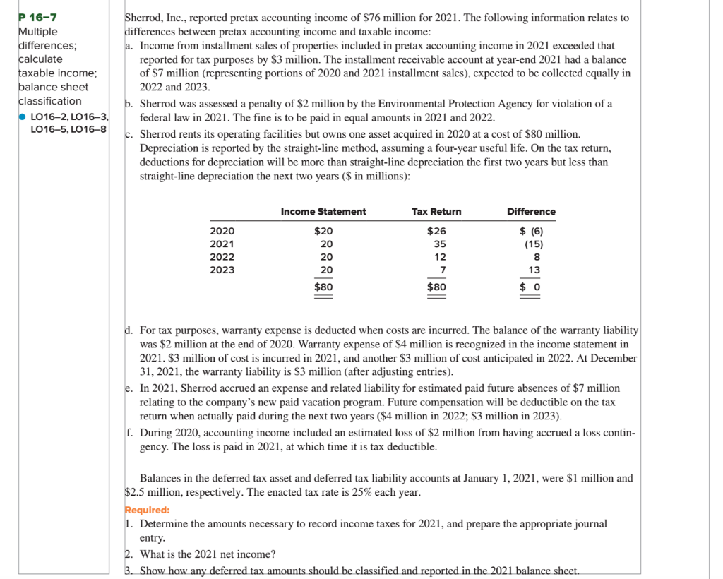 P 16-7 Multiple differences; calculate taxable income; balance sheet classification LO16-2,