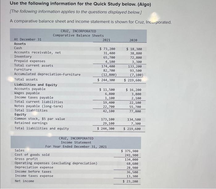  Use the following information for the Quick Study below. (Algo) [The