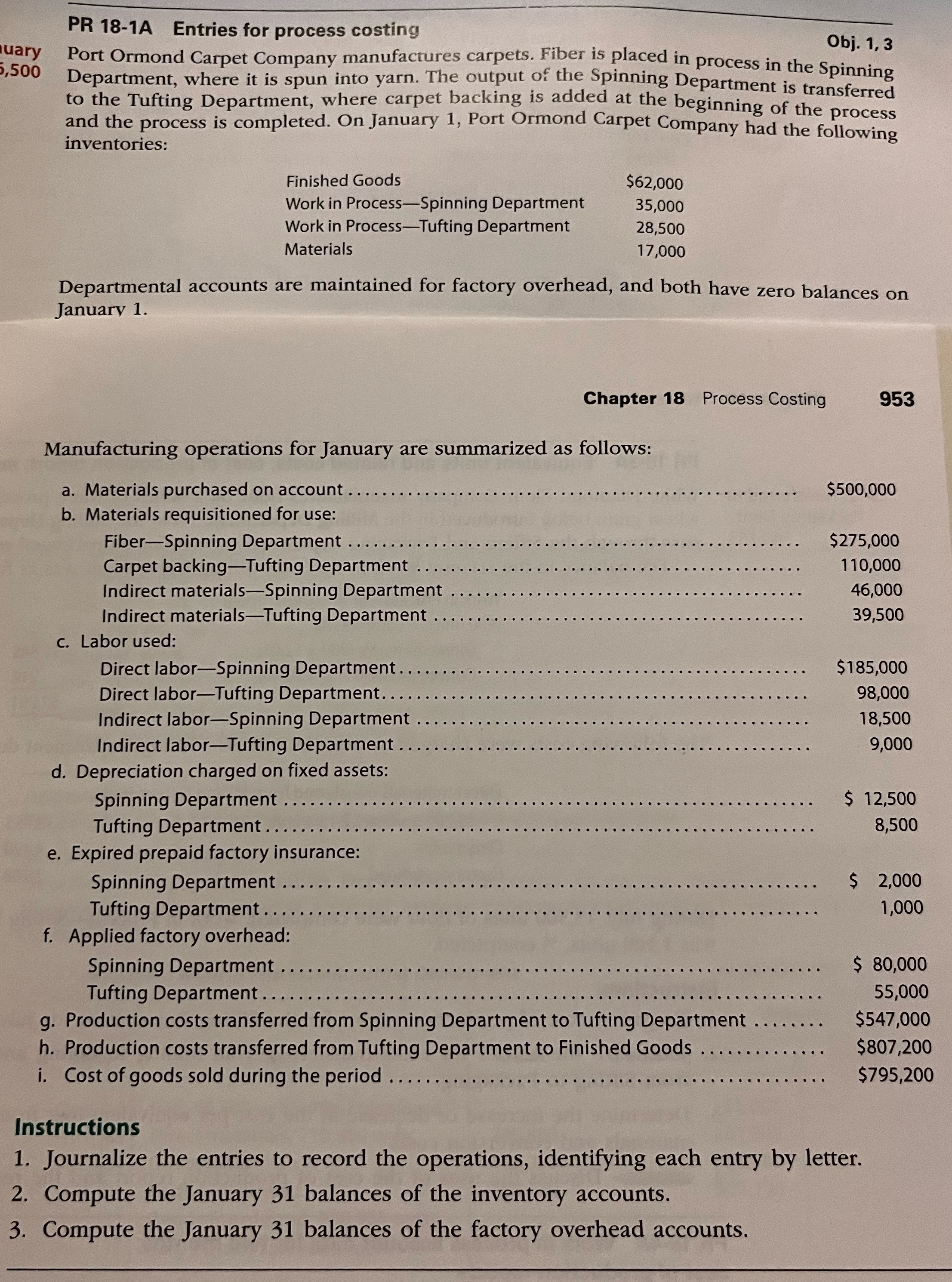  PR 18-1A Entries for process costing Obj. 1,3 Port Ormond Carpet