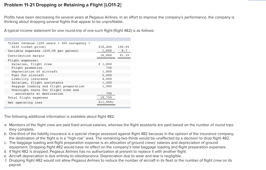  Problem 11-21 Dropping or Retaining a Flight [LO11-2) Profits have been