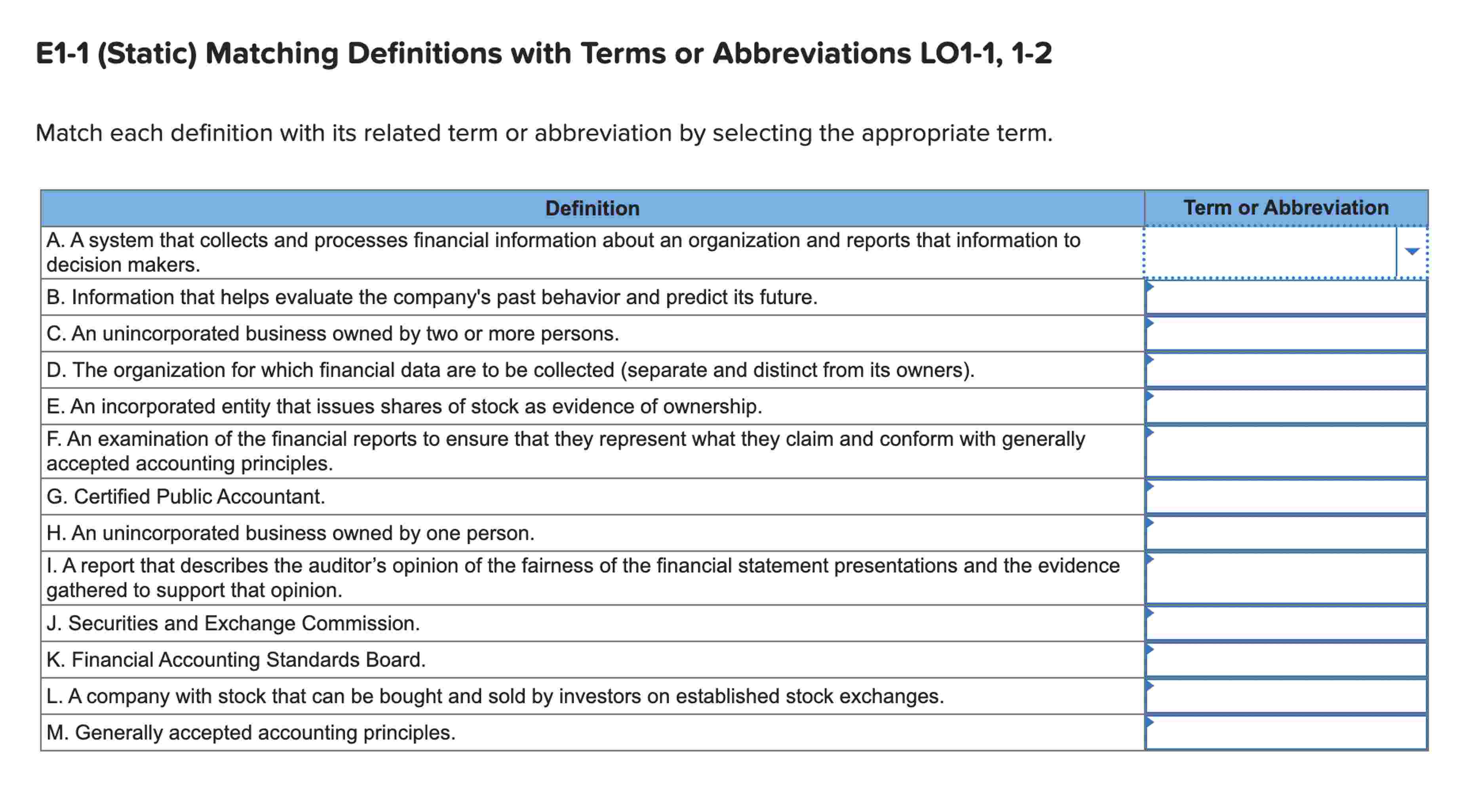  E1-1(Static) Matching Definitions with Terms or Abbreviations LO1-1,1-2 Match each definition