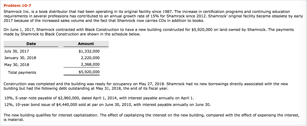Problem 10-7 Shamrock Inc. is a book distributor that had been
