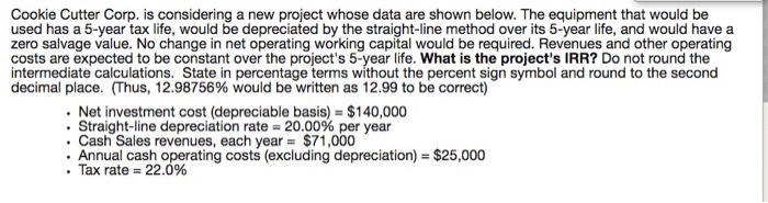  Cookie Cutter Corp. is considering a new project whose data are