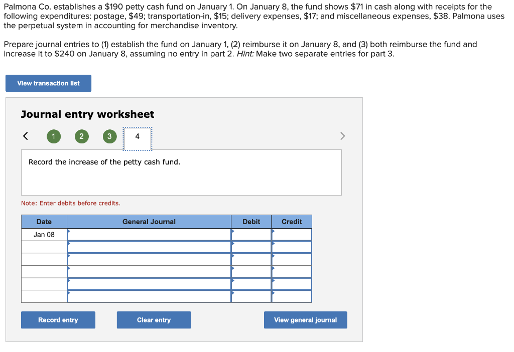 $49; transportation-in, $15; delivery expenses, $17; and miscellaneous expenses, $38. Palmona uses