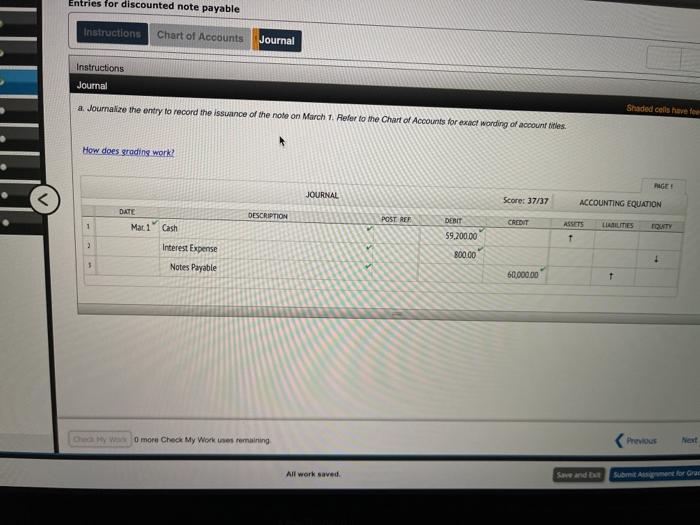Item Entries for discounted note payable Instructions Chart of Accounts Journal Instructions
