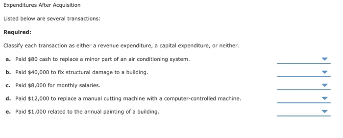  Expenditures After Acquisition Listed below are several transactions: Required: Classify each