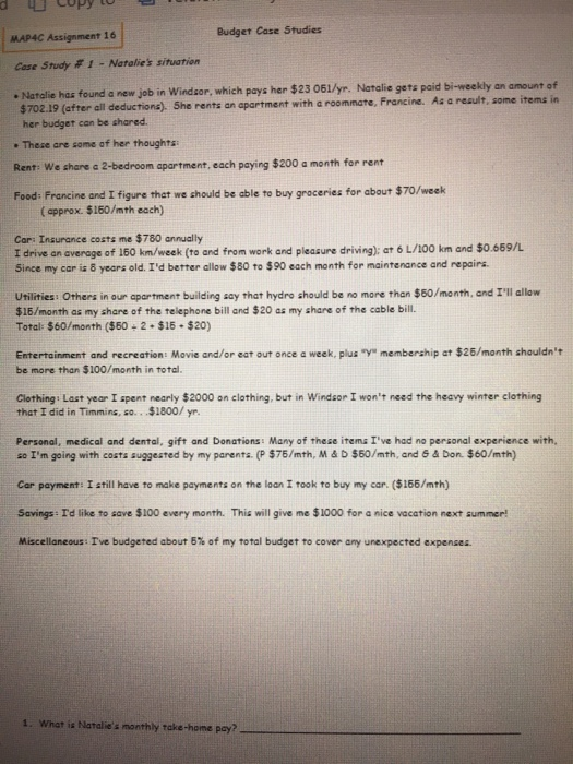  MAP4C Assignment 16 Budget Case Studies Case Study F 1 -