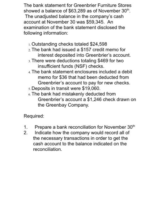 Please do not write by hand The bank statement for Greenbrier Furniture