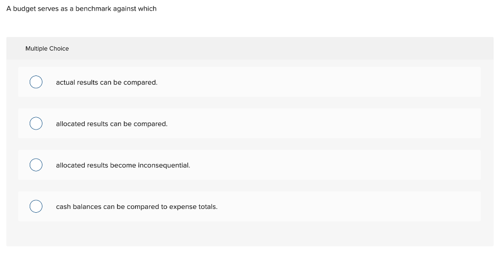  A budget serves as a benchmark against which Multiple Choice actual