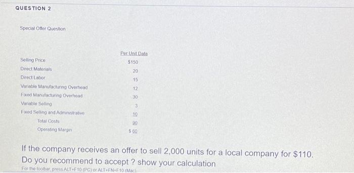 ACCT251 QUESTION 2 Special Offer Question Per Unt Data $150 20 15