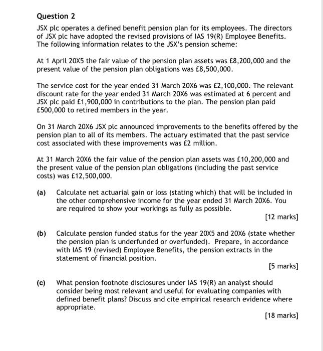  Question 2 JSX plc operates a defined benefit pension plan for