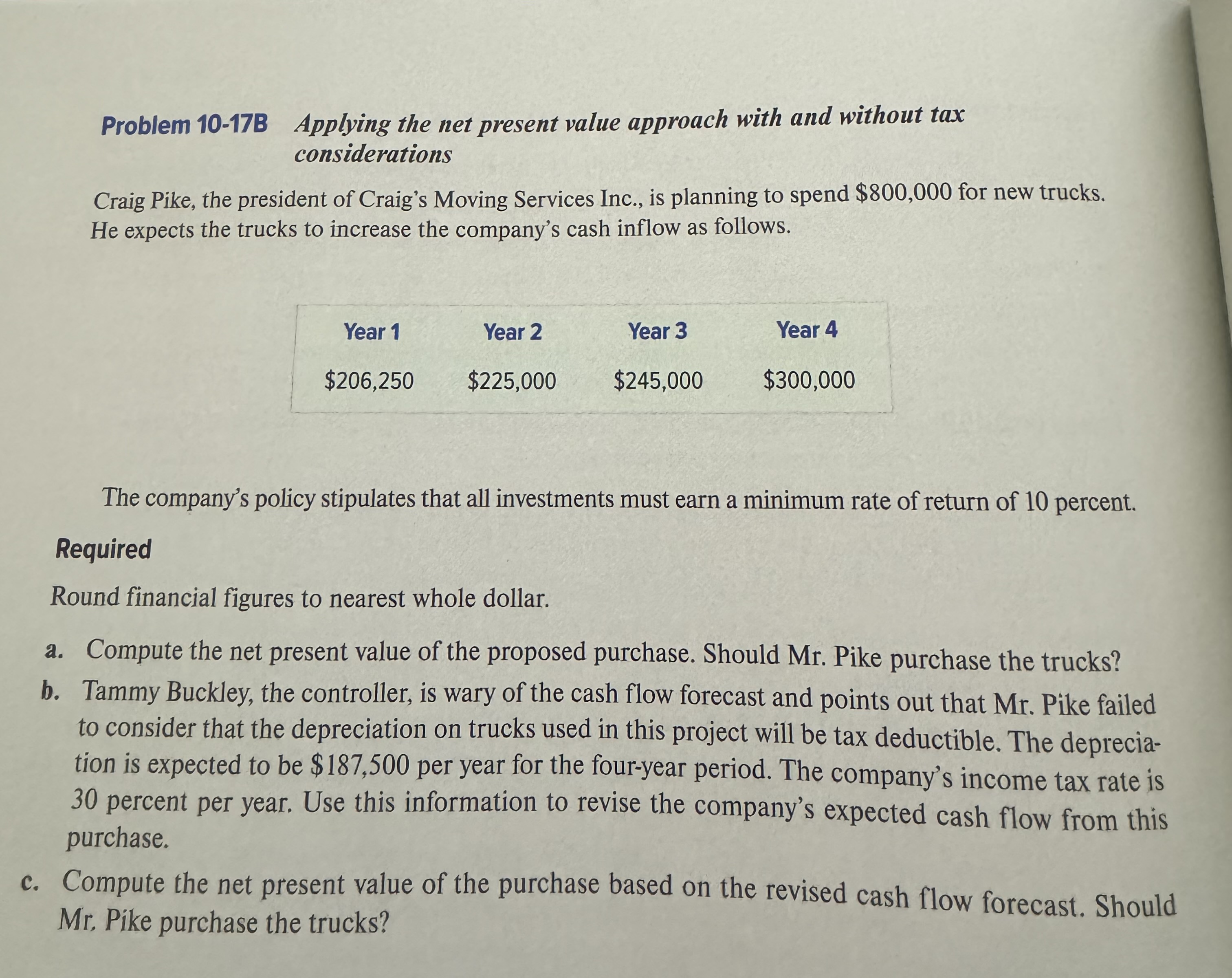  Problem 10-17B Applying the net present value approach with and without