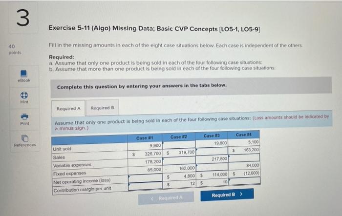  3 Exercise 5-11 (Algo) Missing Data; Basic CVP Concepts (L05-1, LO5-9)