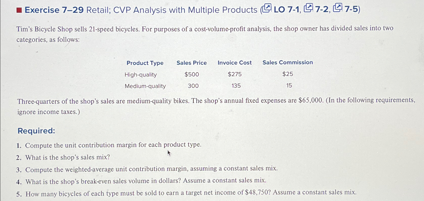 Exercise 7-29 Retail; CVP Analysis with Multiple Products ( Tim's Bicycle
