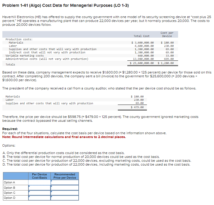  Problem 1-41(Algo) Cost Data for Managerial Purposes (LO 1-3) Haverhill Electronics