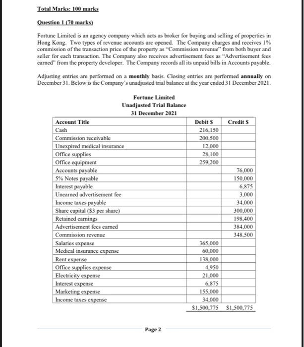 Q2 please Total Marks: 100 marks Question 1 (70 marks) Fortune Limited
