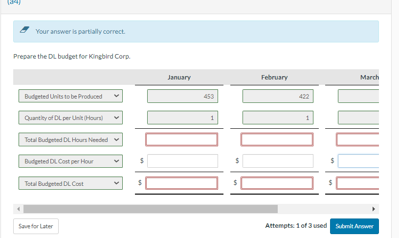  Your answer is partially correct. Prepare the DL budget for Kingbird