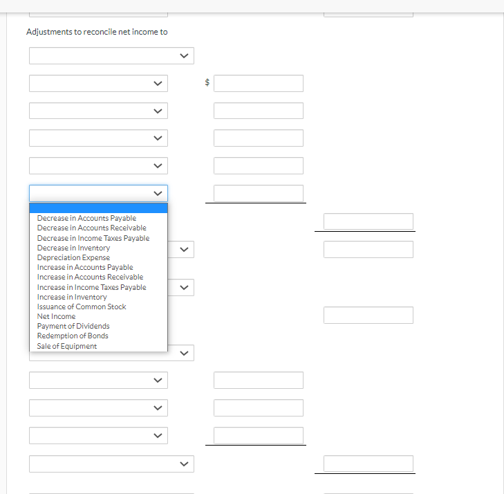 net income to \begin{tabular}{l} Decrease in Accounts Payable \\ Decrease in Accounts