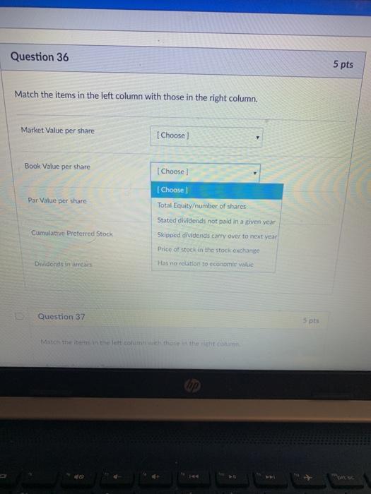 those in the right column. Market Value per share Choose Book Value