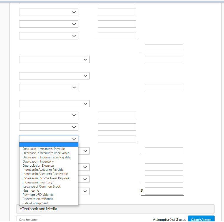 Inventory Depreciation Expense Increase in Accounts Payable Increase in Accounts Receivable Increase