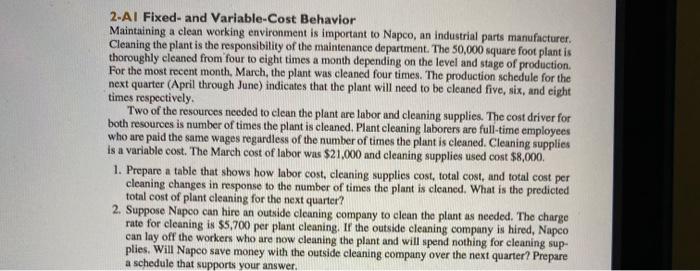  2-AI Fixed- and Variable-Cost Behavior Maintaining a clean working environment is