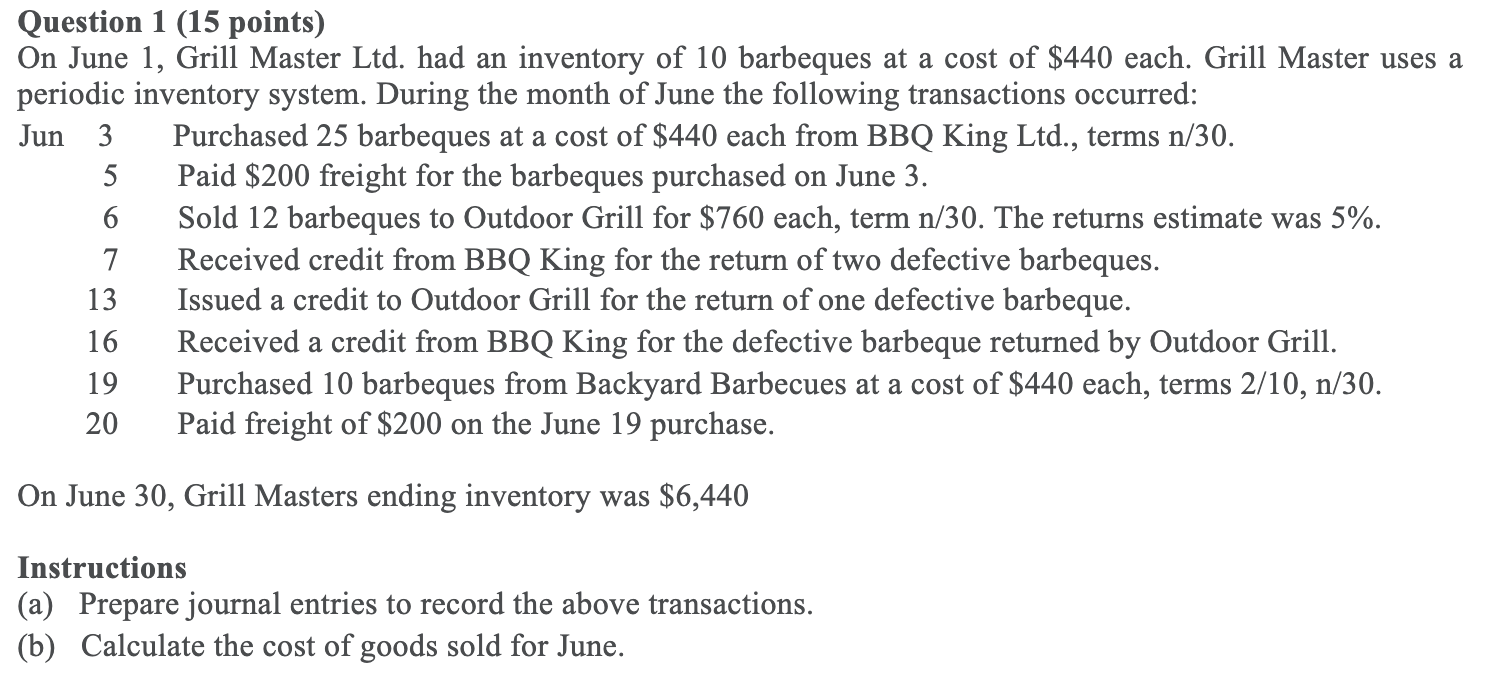 Question 1 (15 points) On June 1, Grill Master Ltd. had