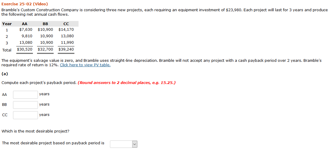 Exercise 25-02 (Video) Bramble's Custom Construction Company is considering three new