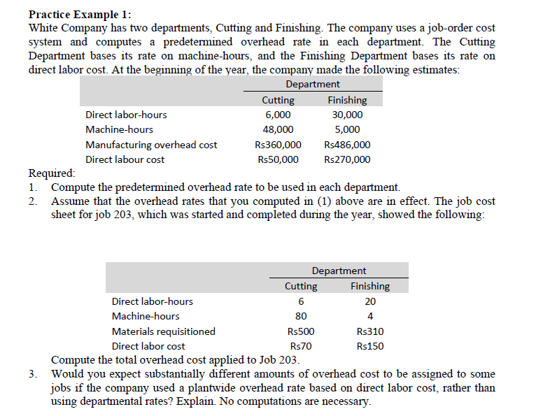  Practice Example 1: White Company has two departments, Cutting and Finishing.