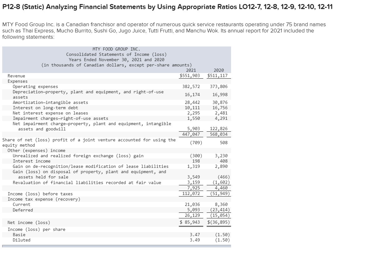 P12-8 (Static) Analyzing Financial Statements by Using Appropriate Ratios LO12-7, 12-8,