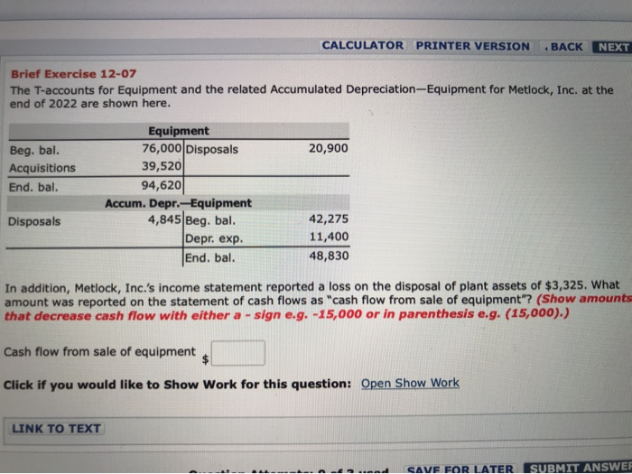  CALCULATOR PRINTER VERSION BACK NEXT Brief Exercise 12-07 The T-accounts for