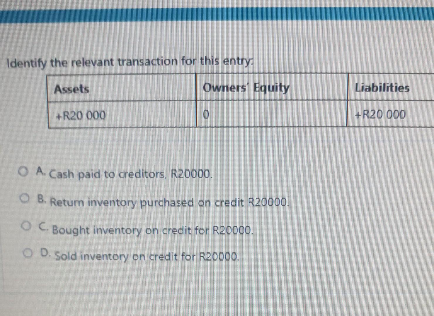  Identify the relevant transaction for this entry: Assets Owners' Equity Liabilities