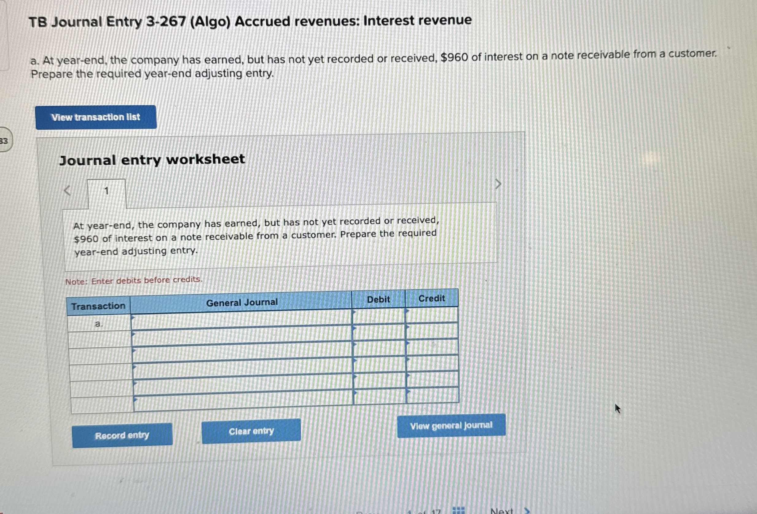  TB Journal Entry 3-267(Algo) Accrued revenues: Interest revenue a. At year-end,