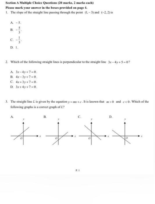  Section A Multiple Choice Questions (20 marks, 2 marks each) Please