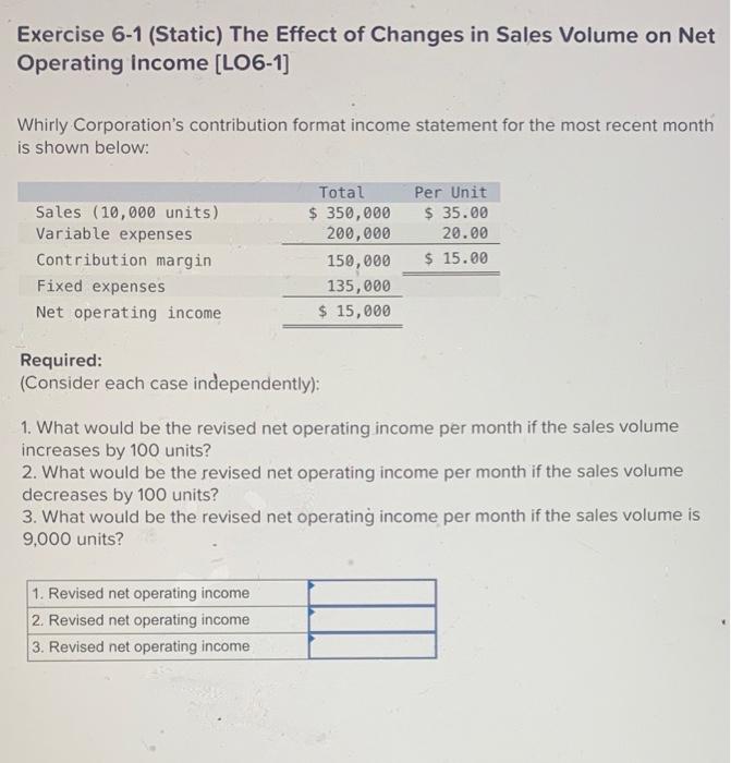Please help!! Exercise 6-1 (Static) The Effect of Changes in Sales Volume