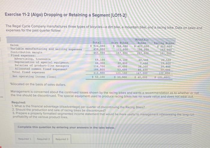 pleasee help me!!:) Exercise 11-2 (Algo) Dropping or Retaining a Segment [LO11-2]