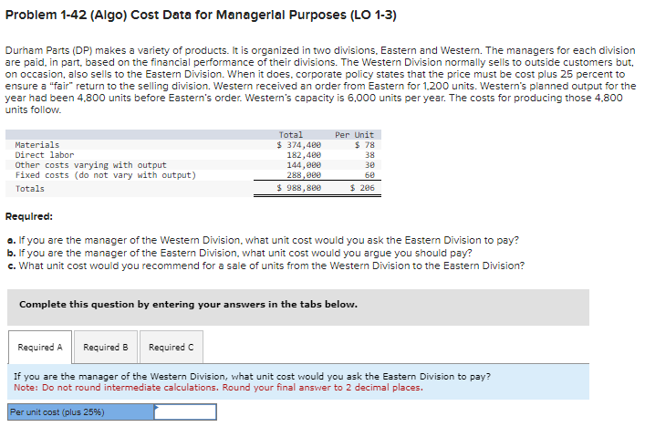  Problem 1-42(Algo) Cost Data for Managerlal Purposes (LO 1-3) Durham Parts