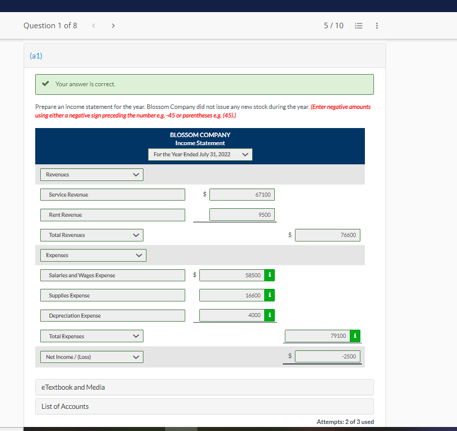 correct values. These financial statement items are for Blossom Company at year-end,