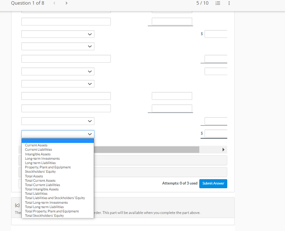 Sheet Assets 3 $ ers' Equity $ Question 1 of 85/10 BLOSSOITCONIPANY