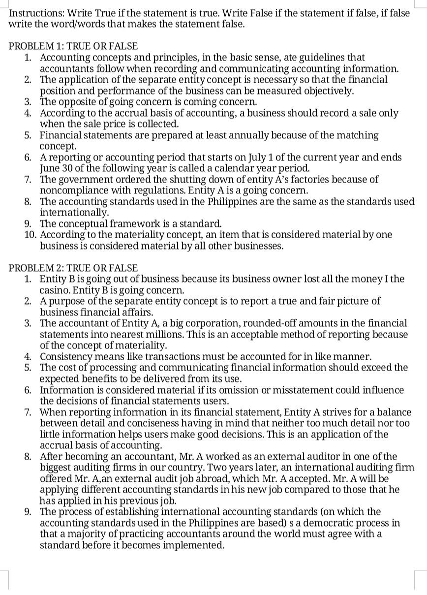  Instructions: Write True if the statement is true. Write False if