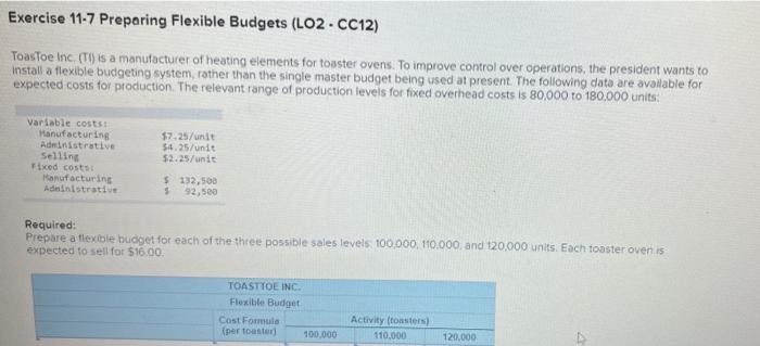 need answer as soon ss possible Exercise 11-7 Preparing Flexible Budgets (LO2-CC12)