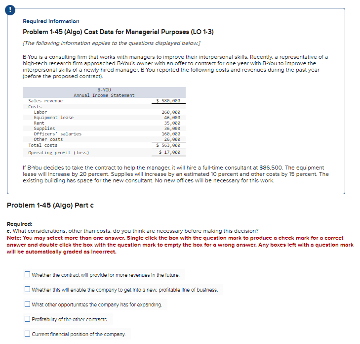  Requlred Information Problem 1.45(Algo) Cost Data for Managerial Purposes (LO 1-3)