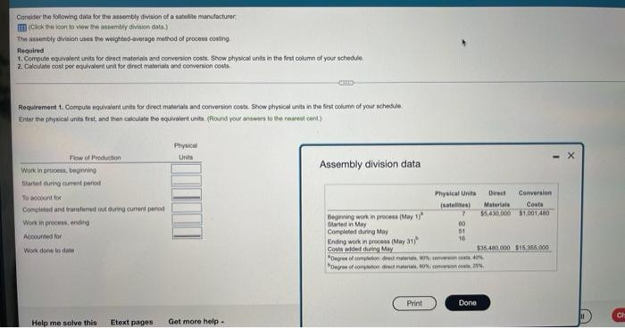  need help please Consider the following data for the assembly division
