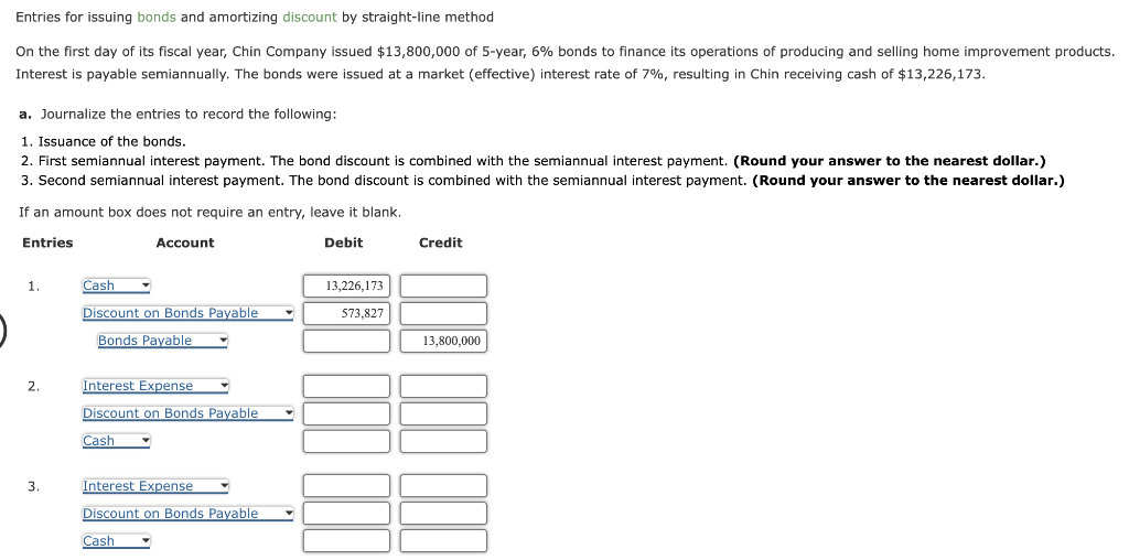Entries for issuing bonds and amortizing discount by straight-line method On the