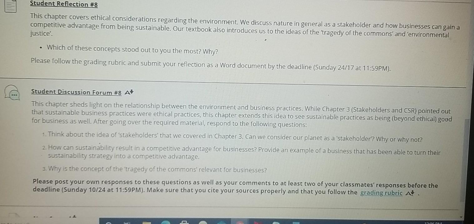  Student Reflection #8 This chapter covers ethical considerations regarding the environment.