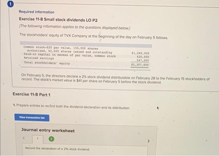  Required information Exercise 11-8 Small stock dividends LO P2 [The following