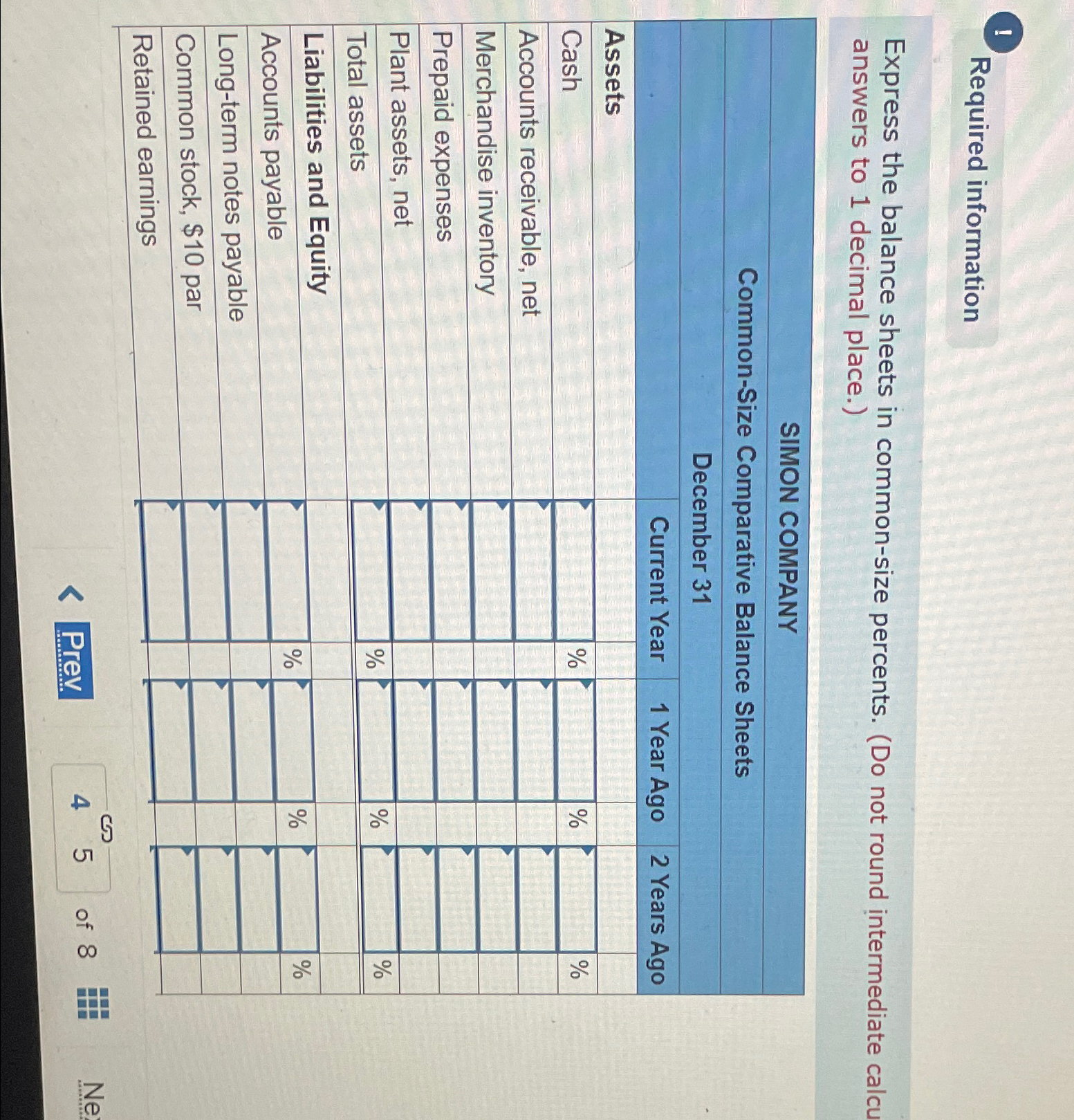  ! Required information Express the balance sheets in common-size percents. (Do