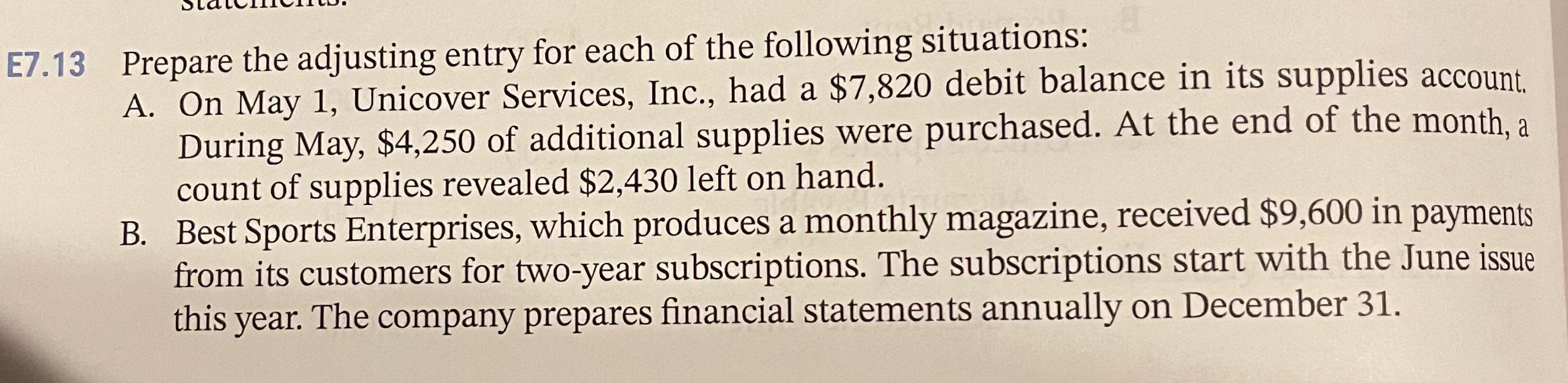 Introduction to Accounting An Integrated Approach Eighth Edition Chapter 7 E7.13 7.13